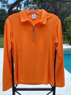Daily Sports Women's Polo Shirt Long Sleeve Top Orange Shirt Zip Front Small
